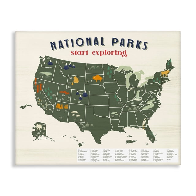 Design by Daphne Polselli National Parks Map with Numbered Key United States 30 in x 24 in Painting Canvas Art Print, by Stupell Home Décor