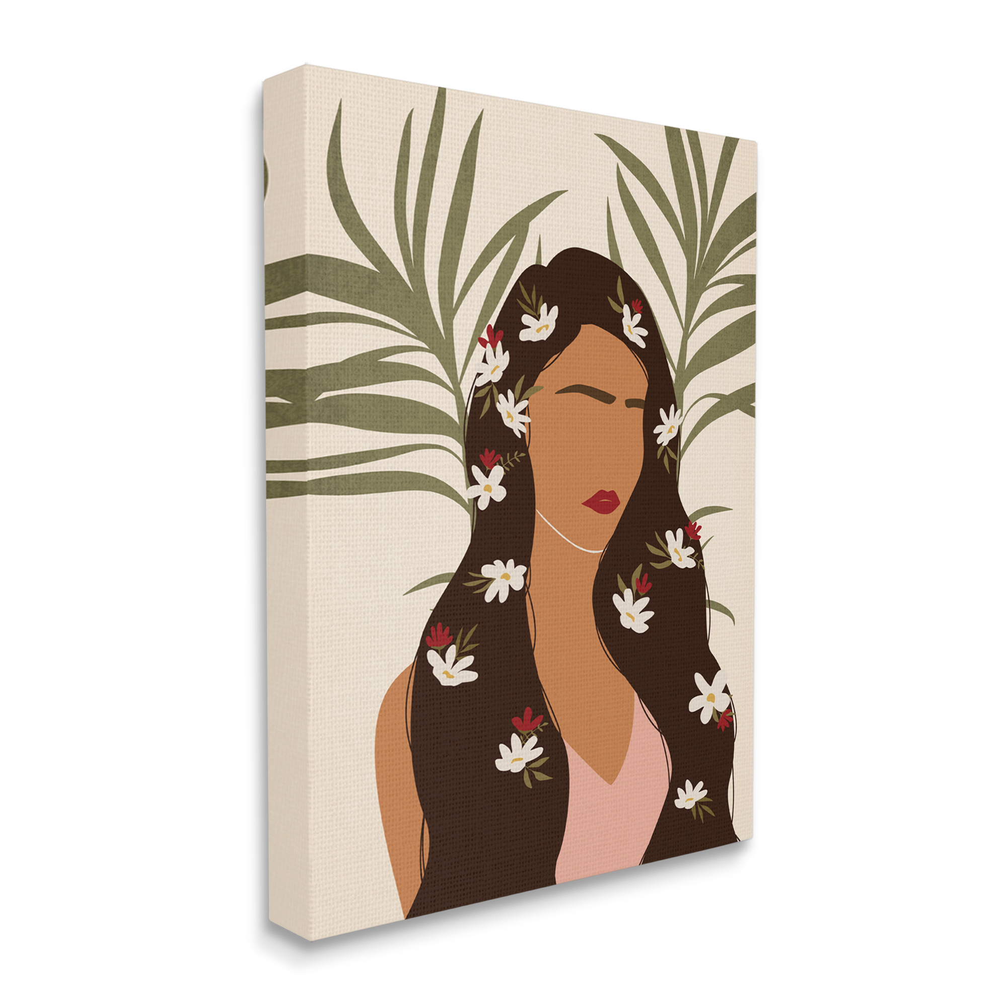 Design by JJ Design House LLC Female With Tropical Florals in Hair Palm Leaves 24 in x 30 in Painting Canvas Art Print, by Stupell Home Décor