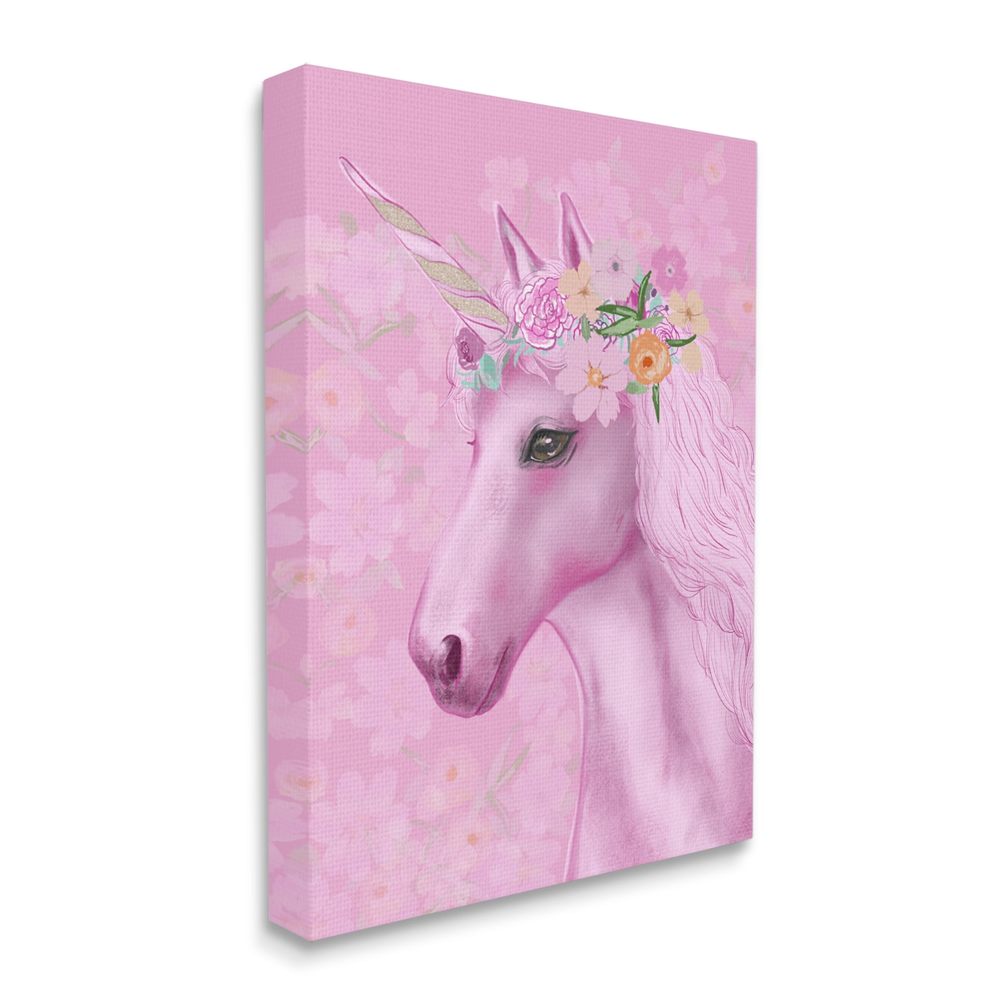 Stupell Industries Floral Pattern Pink Unicorn Adorable Mythical Creature, 30 x 40, Design by JunCo. Studio