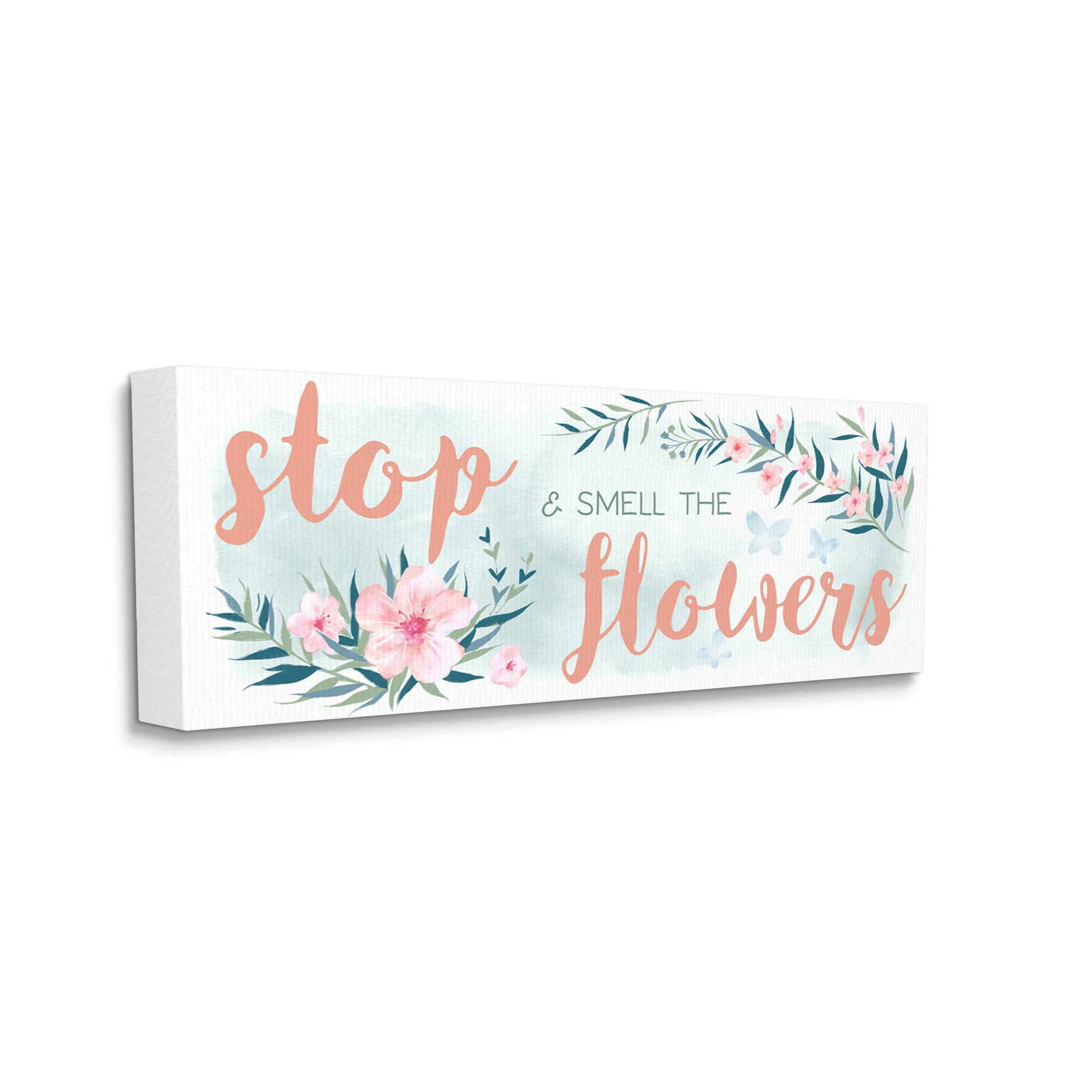 Design by Ziwei Li Stop and Smell the Flowers Sentiment Pink Blossoms 24 in x 10 in Painting Canvas Art Print, by Stupell Home Décor