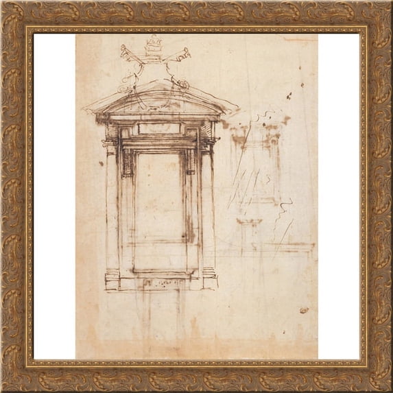 Design for Laurentian library doors and an external window 20x20 Gold Ornate Wood Framed Canvas Art by Michelangelo