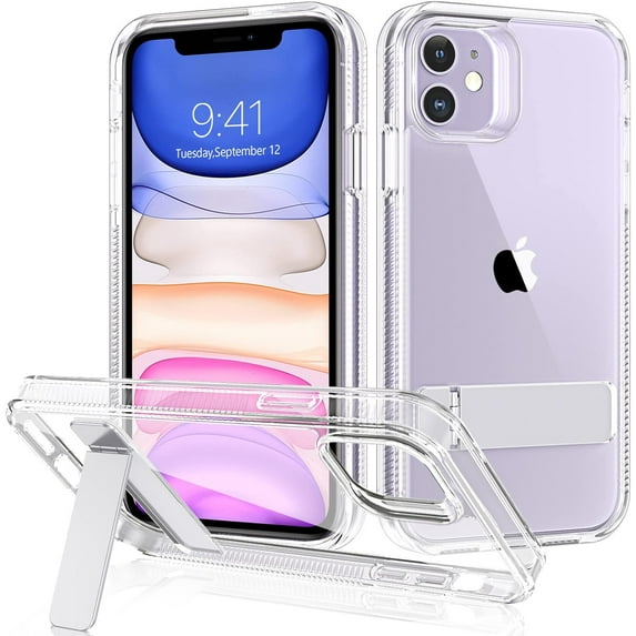Design for iPhone 11 Case with Stand, Clear Slim Shockproof Bumper Metal Kickstand Cover Shockproof Protective Hard Phone Case for Apple iPhone 11 6.1", Clear