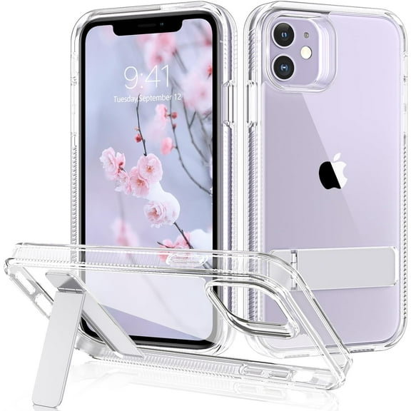 Design for iPhone 11 Case with Stand, Clear Slim Shockproof Bumper Metal Kickstand Cover Shockproof Protective Hard Phone Case for Apple iPhone 11 6.1", Clear