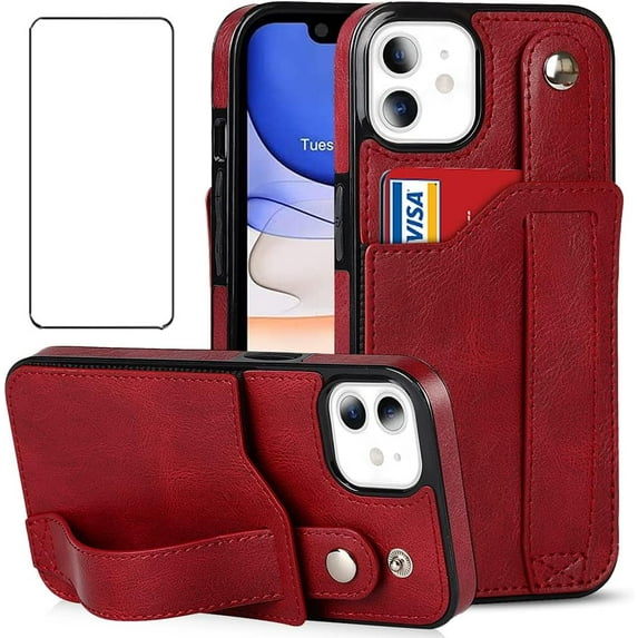 Design for iPhone 11/Eleven Phone Case with Screen Protector Adjustable Wrist Strap Kickstand Credit Card Slot Slim Shockproof Hybrid Rugged Protective Cover for iPhone11 Women Girls 6.1 inch Red