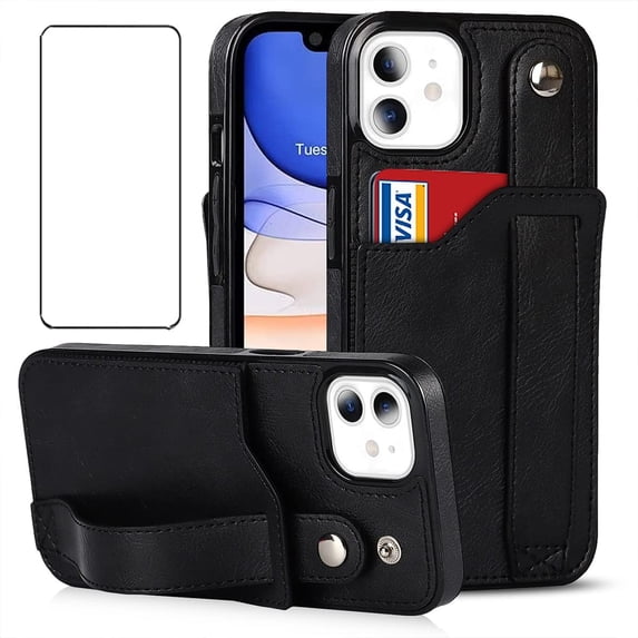 Design for iPhone 11/Eleven Phone Case with Screen Protector Adjustable Wrist Strap Kickstand Credit Card Slot Slim Shockproof Hybrid Rugged Protective Cover for iPhone11 Women Men 6.1 inch Black