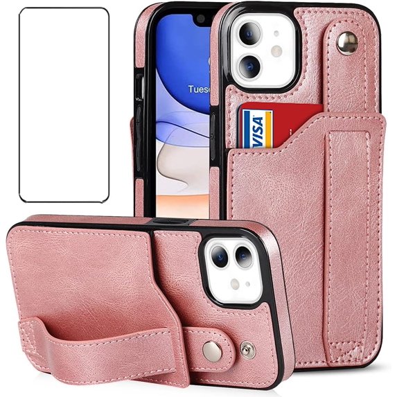 Design for iPhone 11/Eleven Phone Case with Screen Protector Adjustable Wrist Strap Kickstand Credit Card Slot Slim Shockproof Hybrid Rugged Protective Cover for iPhone11 Women 6.1" Rose Gold