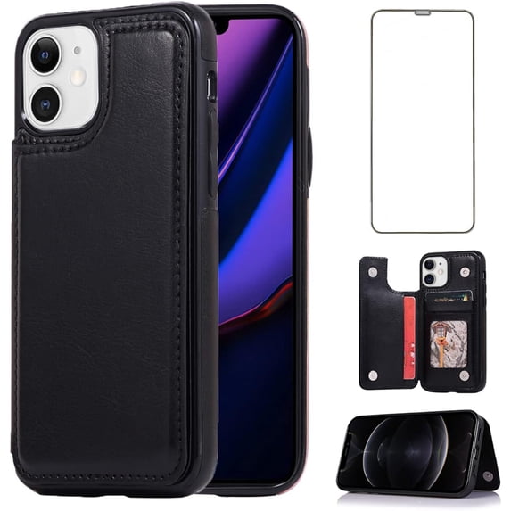 Design for iPhone 11 Wallet Case with Tempered Glass Screen Protector Credit Card Holder Wallet Slot Stand Kickstand Flip Leather Protective Cover for iPhone11/Eleven i Phone11 XI 11R Men Black