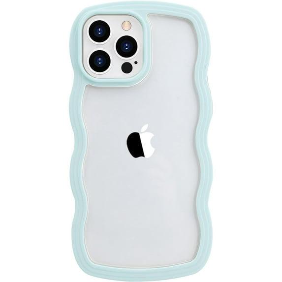 Design for iPhone 12 Clear Case with Wavy Edge, Cute Fashion Transparent Curly Wave Shape Frame Phone Case, Shockproof Hard PC & Soft TPU Bumper Protection Cover for Women Girls, Light Blue