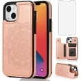 thumbnail image 1 of Design for iPhone 13 Case with Tempered Glass Screen Protector Credit Card Holder Slot, Leather Wallet Phone Cases Kickstand Protective Cover for iPhone13 iP13 Women 6.1 inch Rose Gold, 1 of 12