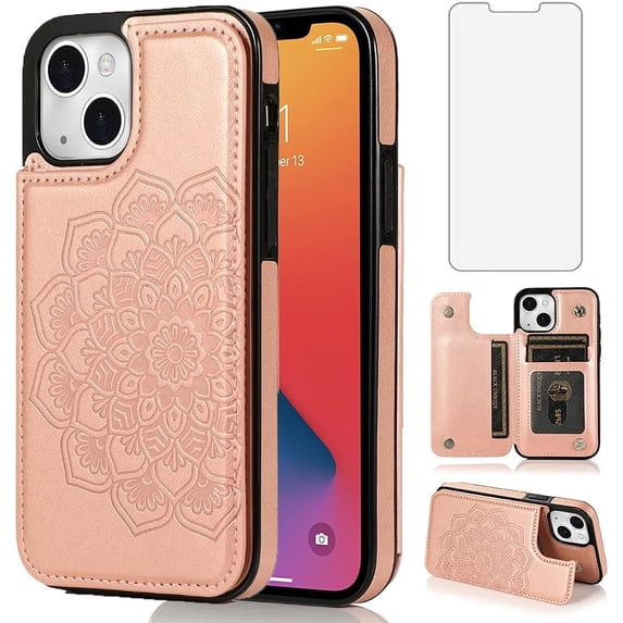 Design for iPhone 13 Case with Tempered Glass Screen Protector Credit Card Holder Slot, Leather Wallet Phone Cases Kickstand Protective Cover for iPhone13 iP13 Women 6.1 inch Rose Gold