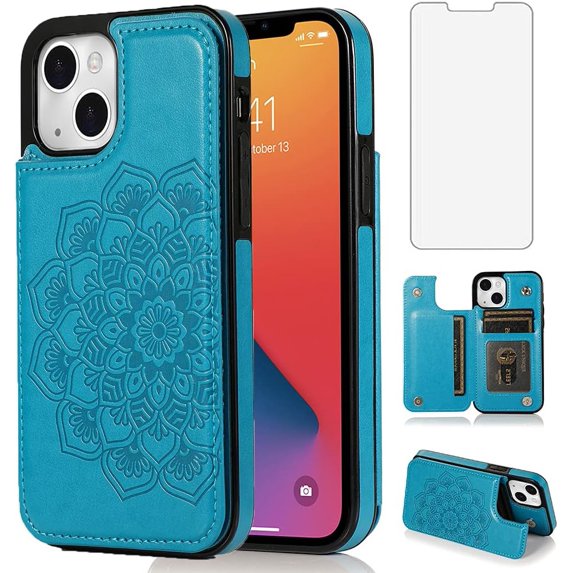 Design for iPhone 13 Case with Tempered Glass Screen Protector Credit Card Holder Slot, Leather Wallet Phone Cases Kickstand Protective Cover for iPhone13 iP13 Women Men 6.1 inch Blue