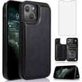 thumbnail image 1 of Design for iPhone 13 Mini Case with Tempered Glass Screen Protector Credit Card Holder Slot, Leather Wallet Phone Cases Stand Kickstand Protective Cover for iPhone13mini Men 5.4" Black, 1 of 12