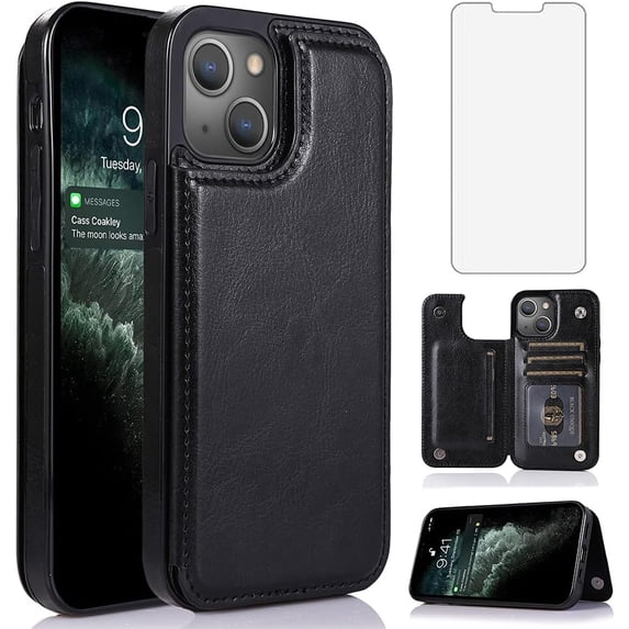 Design for iPhone 13 Mini Case with Tempered Glass Screen Protector Credit Card Holder Slot, Leather Wallet Phone Cases Stand Kickstand Protective Cover for iPhone13mini Men 5.4" Black