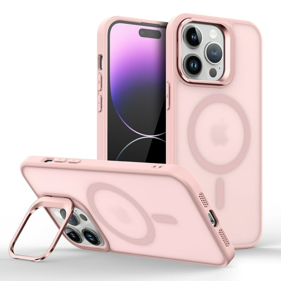 Design for iPhone 13 Mini Magnetic Case,With Contractible Metal Camera Ring Stand,Shockproof Heavy Duty Translucent Skinfeel Anti-fall Ultra Slim Phone Case For iPhone 13 Mini,Pink