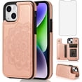 thumbnail image 1 of Design for iPhone 14 Plus Case with Tempered Glass Screen Protector Credit Card Holder Slot, PU Leather Wallet Phone Cases Kickstand Protective Cover for iPhone14plus iP14+ Women 6.7" Rose gold, 1 of 14