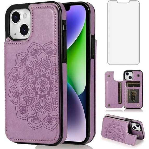 Design for iPhone 14 Plus Case with Tempered Glass Screen Protector Credit Card Holder Slot, PU Leather Wallet Phone Cases Kickstand Protective Cover for iPhone14plus iP14+ Women 6.7" Purple