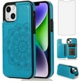 thumbnail image 1 of Design for iPhone 14 Plus Case with Tempered Glass Screen Protector Credit Card Holder Slot, PU Leather Wallet Phone Cases Kickstand Protective Cover for iPhone14plus iP14+ Women 6.7" Blue, 1 of 14