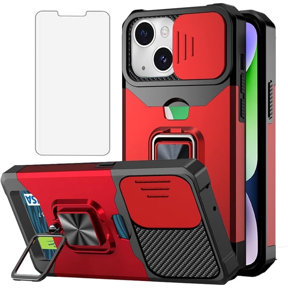 Design for iPhone 14 Plus Phone Case with Screen Protector Card Holder Stand Kickstand Heavy Duty Slim Shockproof Hybrid Rugged Drop Protective Cover for iPhone14plus Women 6.7 inch Red