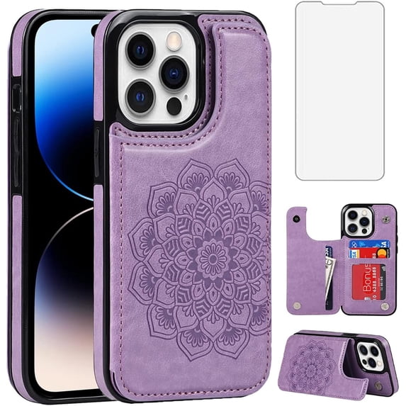 Design for iPhone 14 Pro Case with Tempered Glass Screen Protector Credit Card Holder Slot, PU Leather Wallet Phone Cases Kickstand Protective Cover for iPhone14pro Women 6.1 inch Purple