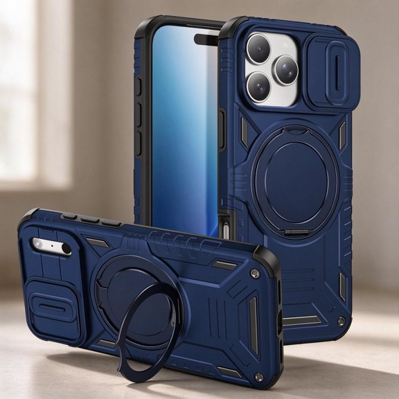 Design For iPhone 14 Pro Phone Case,360°Rotatable Ring Kickstand,Support For Magnetic Force,with Slidable Camera Cover,Heavy Duty Shockproof Protection Rugged Durable Phone Case,Darkblue