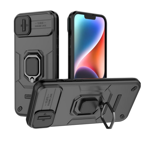 Design for iPhone 15 Phone Case with Camera Lens Sliding Cover Ring Holder Kickstand Heavy Duty Rugged Shockproof Military Grade Bumper Protective Case for Women Men Girls, Black