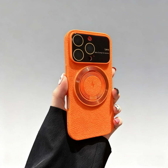 Design For iPhone 15 Plus Phone Case,Anti-Scratch PU Leather Texture Back,With Contractile Ring Kickstand,Compatible with Mag-Safe,With Lens Protector,Shockproof Anti-fall Phone Case,Orange