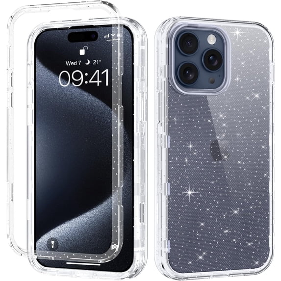 Design for iPhone 15 Pro Case Glitter Full Body Protective 3 in 1 Heavy Duty Hybrid Hard PC Rugged Transparent Bling Sparkle Cover Phone Cases for Apple iPhone 15 Pro 6.1", Clear
