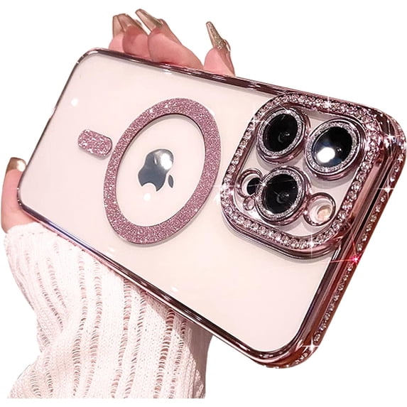 Design for iPhone 15 Pro Max Case Compatible with Magsafe,Bling Rhinestones Glitter Clear Case Magnetic with Camera Lens Cover Protective Slim Phone Cover (6.7 inch)-Rose Gold