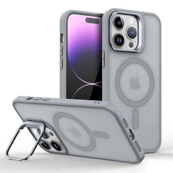 Design for iPhone 15 Pro Max Magnetic Case,With Contractible Metal Camera Ring Stand,Shockproof Heavy Duty Translucent Skinfeel Anti-fall Ultra Slim Phone Case For iPhone 15 Pro Max,Gray