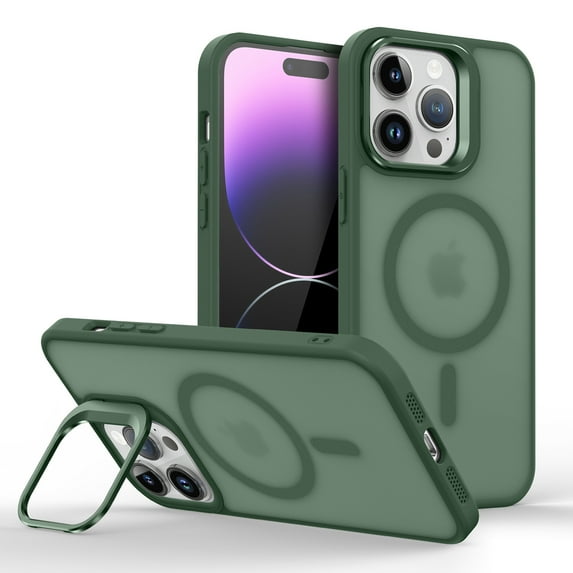 Design for iPhone 15 Pro Max Magnetic Case,With Contractible Metal Camera Ring Stand,Shockproof Heavy Duty Translucent Skinfeel Anti-fall Ultra Slim Phone Case For iPhone 15 Pro Max,Darkgreen