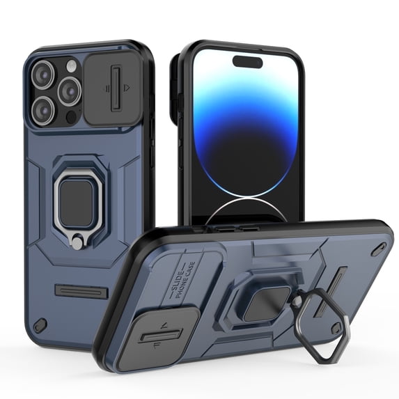 Design for iPhone 15 Pro Phone Case with Camera Lens Sliding Cover Ring Holder Kickstand Heavy Duty Rugged Shockproof Military Grade Bumper Protective Case for Women Men Girls, Blue