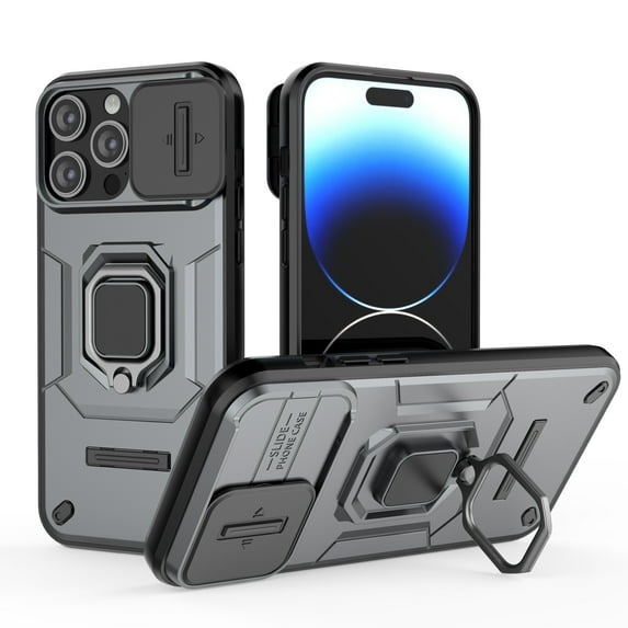 Design for iPhone 15 Pro Phone Case with Camera Lens Sliding Cover Ring Holder Kickstand Heavy Duty Rugged Shockproof Military Grade Bumper Protective Case for Women Men Girls, Gray