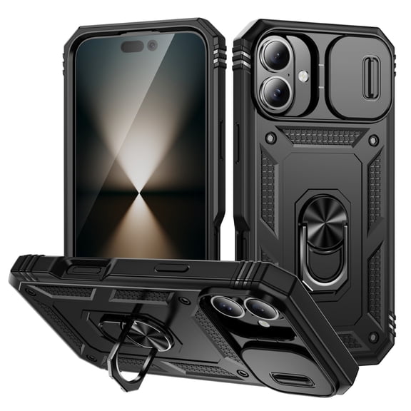 Design for iPhone 16 Phone Case with Camera Lens Sliding Cover Ring Holder Kickstand - Shockproof Heavy Duty Rugged Military Grade Bumper Protective Case for Women Men, Black