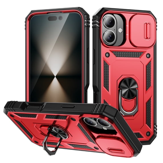 Design for iPhone 16 Phone Case with Camera Lens Sliding Cover Ring Holder Kickstand - Shockproof Heavy Duty Rugged Military Grade Bumper Protective Case for Women Men, Red/Black