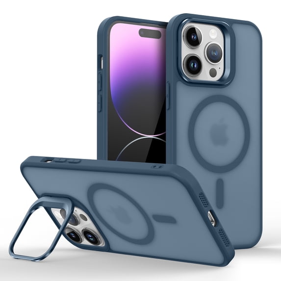 Design for iPhone 16 Pro Magnetic Case,With Contractible Metal Camera Ring Stand,Shockproof Heavy Duty Translucent Skinfeel Anti-fall Ultra Slim Phone Case For iPhone 16 Pro,Darkblue