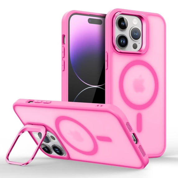 Design for iPhone 16 Pro Magnetic Case,With Contractible Metal Camera Ring Stand,Shockproof Heavy Duty Translucent Skinfeel Anti-fall Ultra Slim Phone Case For iPhone 16 Pro,Rose