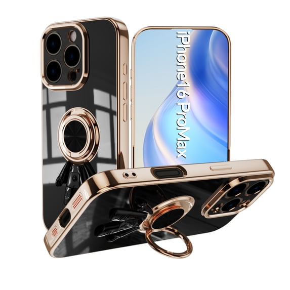 Design for iPhone 16 Pro Max Case, Soft TPU Edge Plating 360 Degree Rotation Ring Holder Kickstand Protective Anti-Scratch Cover Magnetic Work with Car for iPhone 16 Pro Max, Black