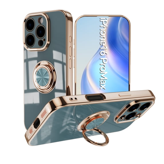 Design for iPhone 16 Pro Max Case, Soft TPU Edge Plating 360 Degree Rotation Ring Holder Kickstand Protective Anti-Scratch Cover Magnetic Work with Car for iPhone 16 Pro Max, Gray