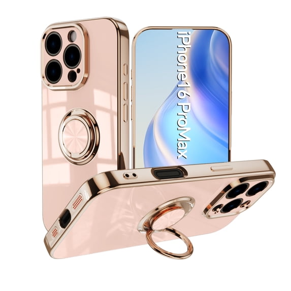 Design for iPhone 16 Pro Max Case, Soft TPU Edge Plating 360 Degree Rotation Ring Holder Kickstand Protective Anti-Scratch Cover Magnetic Work with Car for iPhone 16 Pro Max, Pink