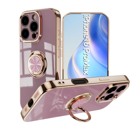 Design for iPhone 16 Pro Max Case, Soft TPU Edge Plating 360 Degree Rotation Ring Holder Kickstand Protective Anti-Scratch Cover Magnetic Work with Car for iPhone 16 Pro Max, Lightpurple