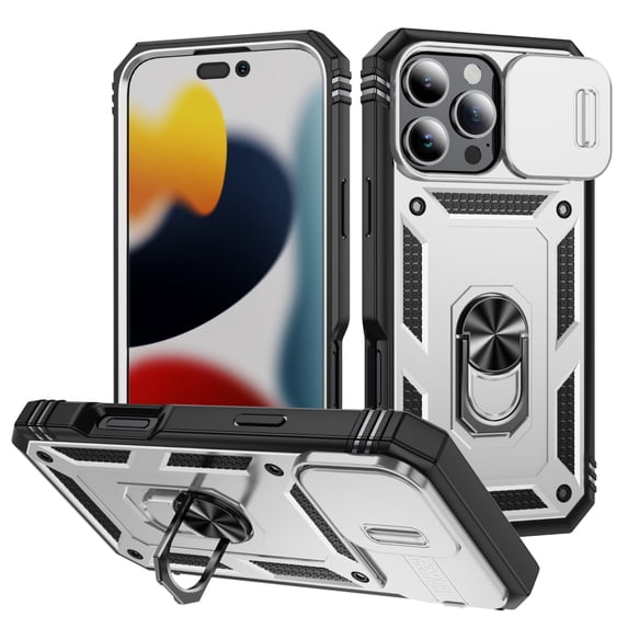 Design for iPhone 16 Pro Max Phone Case with Camera Lens Sliding Cover Ring Holder Kickstand - Shockproof Heavy Duty Rugged Military Grade Bumper Protective Case for Women Men, White/Black