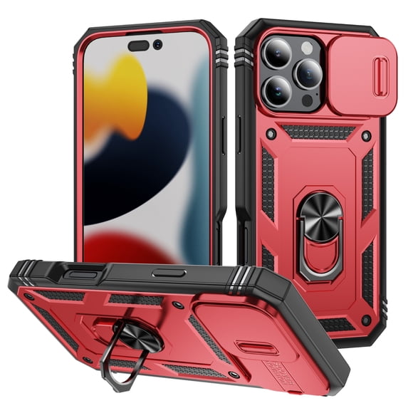 Design for iPhone 16 Pro Max Phone Case with Camera Lens Sliding Cover Ring Holder Kickstand - Shockproof Heavy Duty Rugged Military Grade Bumper Protective Case for Women Men, Red/Black