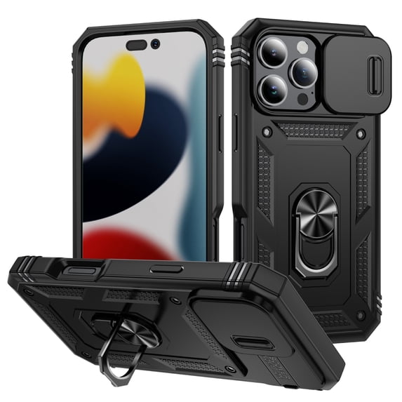 Design for iPhone 16 Pro Max Phone Case with Camera Lens Sliding Cover Ring Holder Kickstand - Shockproof Heavy Duty Rugged Military Grade Bumper Protective Case for Women Men, Black