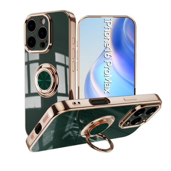 Design for iPhone 16e Case, Soft TPU Edge Plating 360 Degree Rotation Ring Holder Kickstand Protective Anti-Scratch Cover Magnetic Work with Car for iPhone 16e, Darkgreen