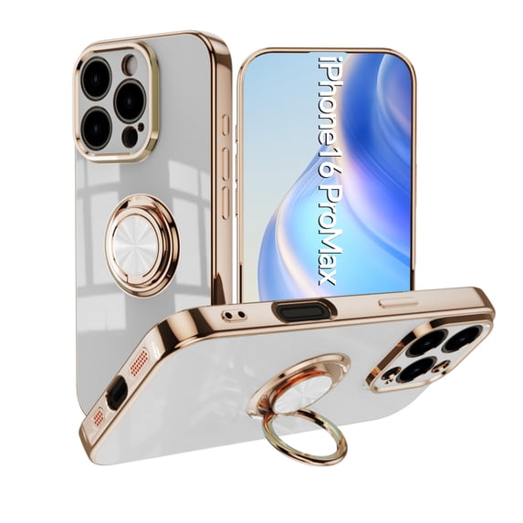 Design for iPhone 16e Case, Soft TPU Edge Plating 360 Degree Rotation Ring Holder Kickstand Protective Anti-Scratch Cover Magnetic Work with Car for iPhone 16e, White