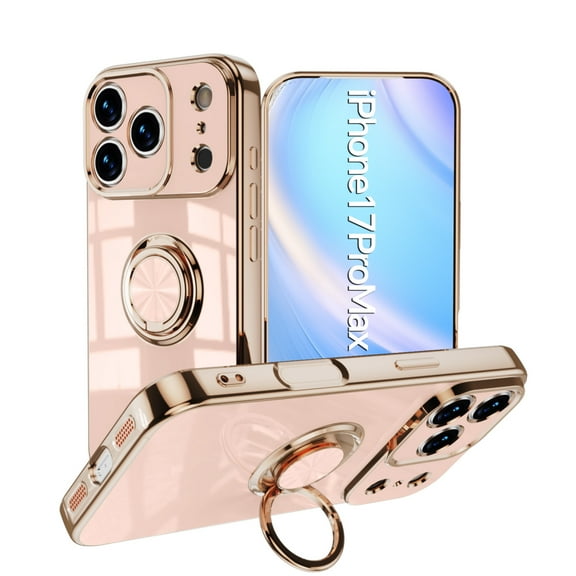 Design for iPhone 17 Pro Max Case, Soft TPU Edge Plating 360 Degree Rotation Ring Holder Kickstand Protective Anti-Scratch Cover Magnetic Work with Car for iPhone 17 Pro Max, Pink