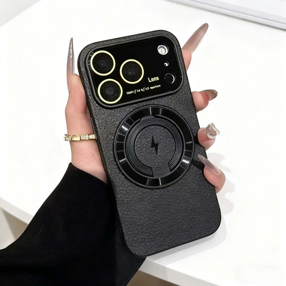 Design For iPhone 17 Pro Max Phone Case,Anti-Scratch PU Leather Texture Back,With Contractile Ring Kickstand,Compatible with Mag-Safe,With Lens Protector,Shockproof Anti-fall Phone Case,Black