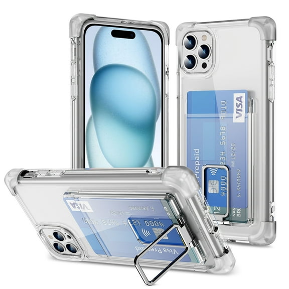 Design for iPhone 8 Plus / 7 Plus Case with Card Holder, Wallet Ring Holder Kickstand Case Clear Slim Four Corner Enhanced Protective Cover Anti-Scratch Shockproof Phone Card Case, Clear