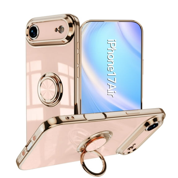 Design for iPhone Air Case, Soft TPU Edge Plating 360 Degree Rotation Ring Holder Kickstand Protective Anti-Scratch Cover Magnetic Work with Car for iPhone Air, Pink