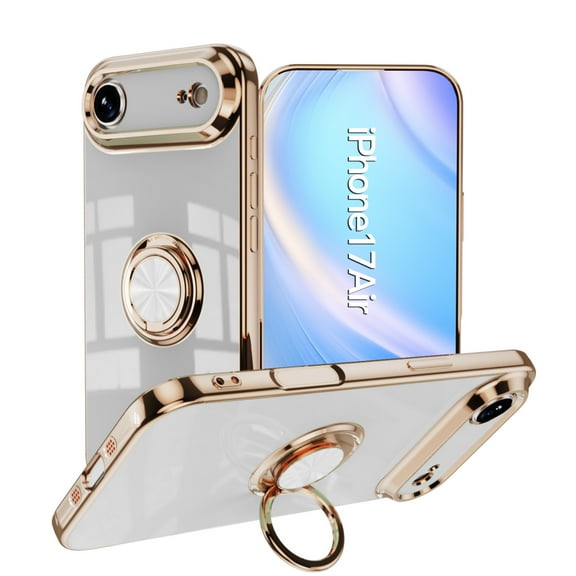 Design for iPhone Air Case, Soft TPU Edge Plating 360 Degree Rotation Ring Holder Kickstand Protective Anti-Scratch Cover Magnetic Work with Car for iPhone Air, White